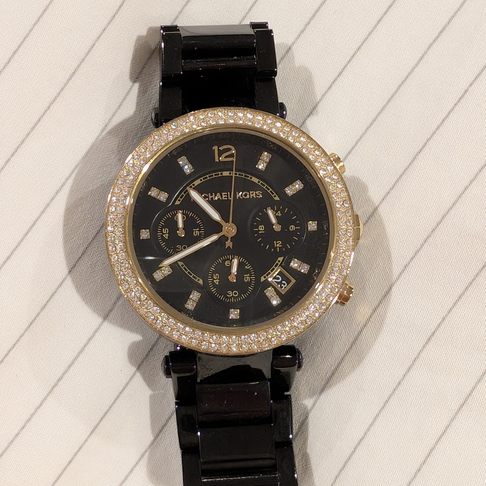 Michael Kors Women's Watch in Black and Gold with Crystal Details